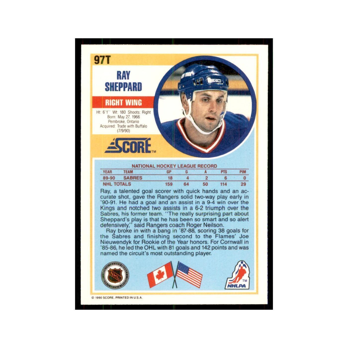 1990 Score Traded Ray Sheppard Hockey Cards #97T