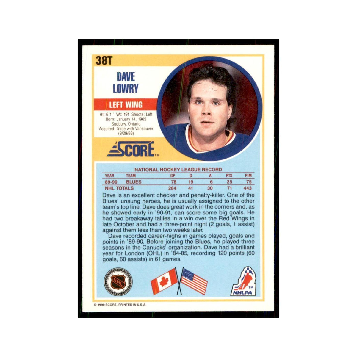 1990 Score Traded Dave Lowry Hockey Cards #38T