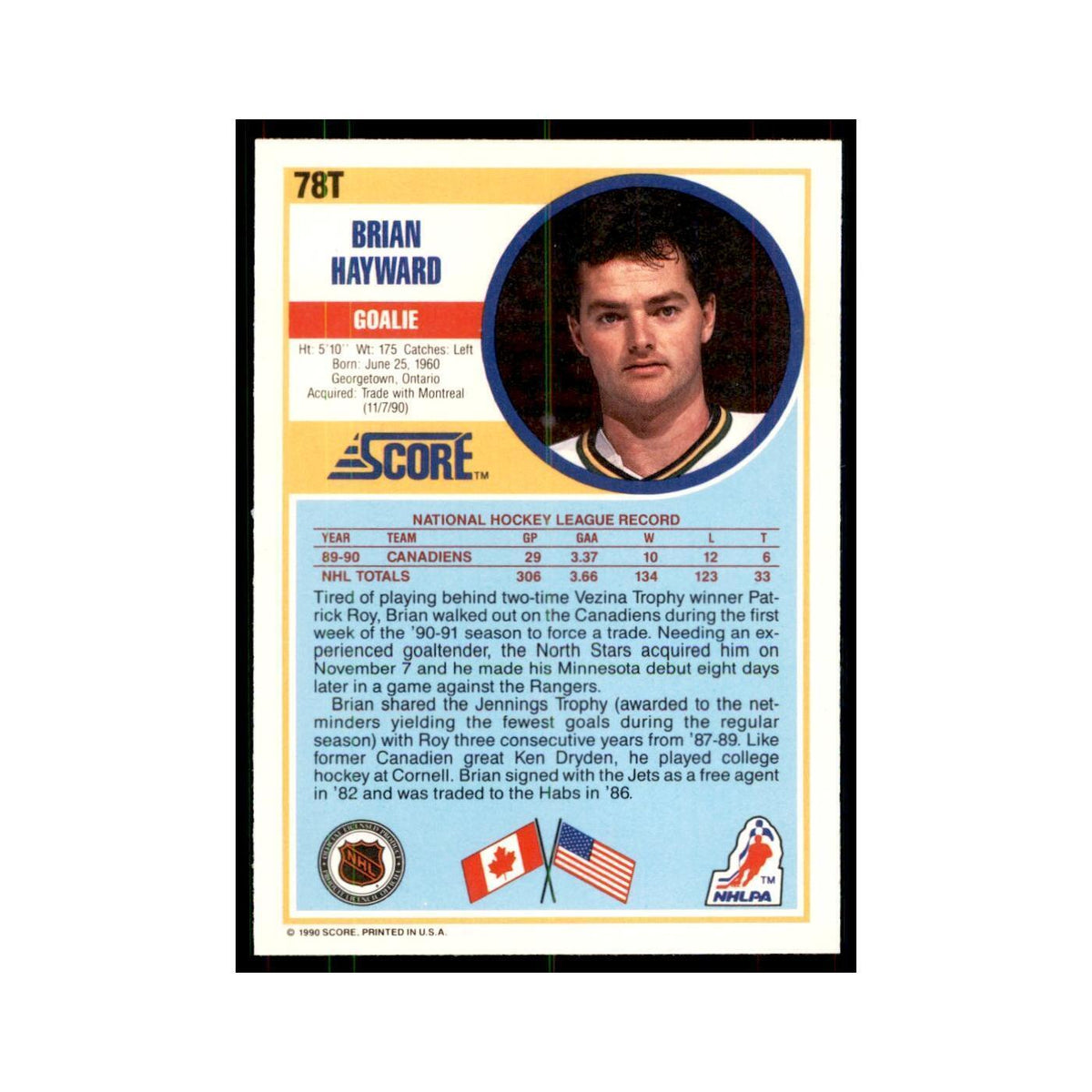 1990 Score Traded Brian Hayward Hockey Cards #78T