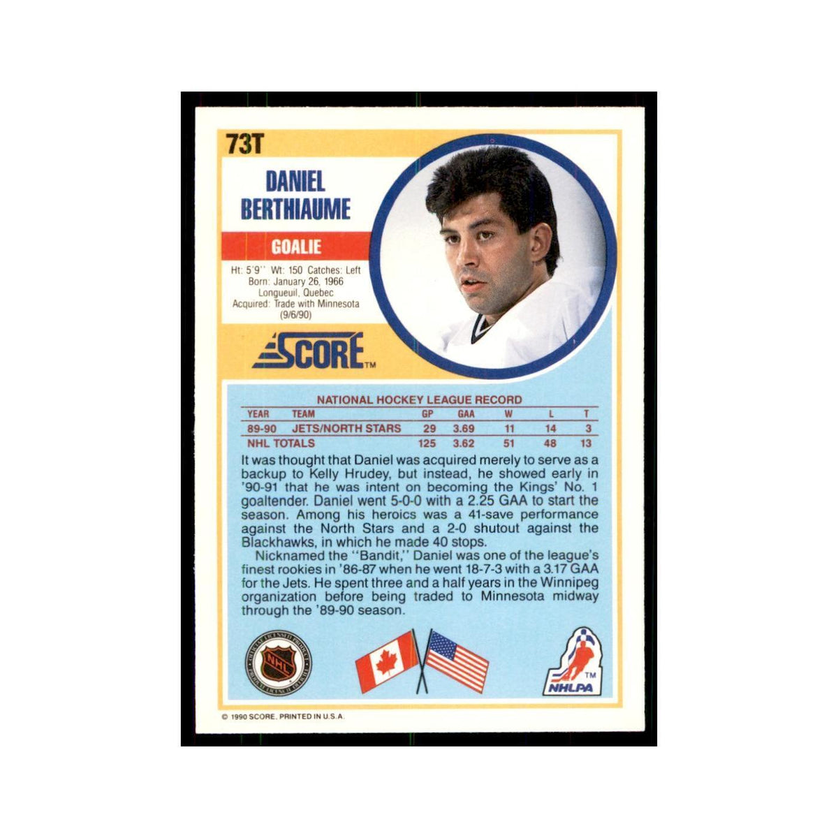 1990 Score Traded Daniel Berthiaume Hockey Cards #73T