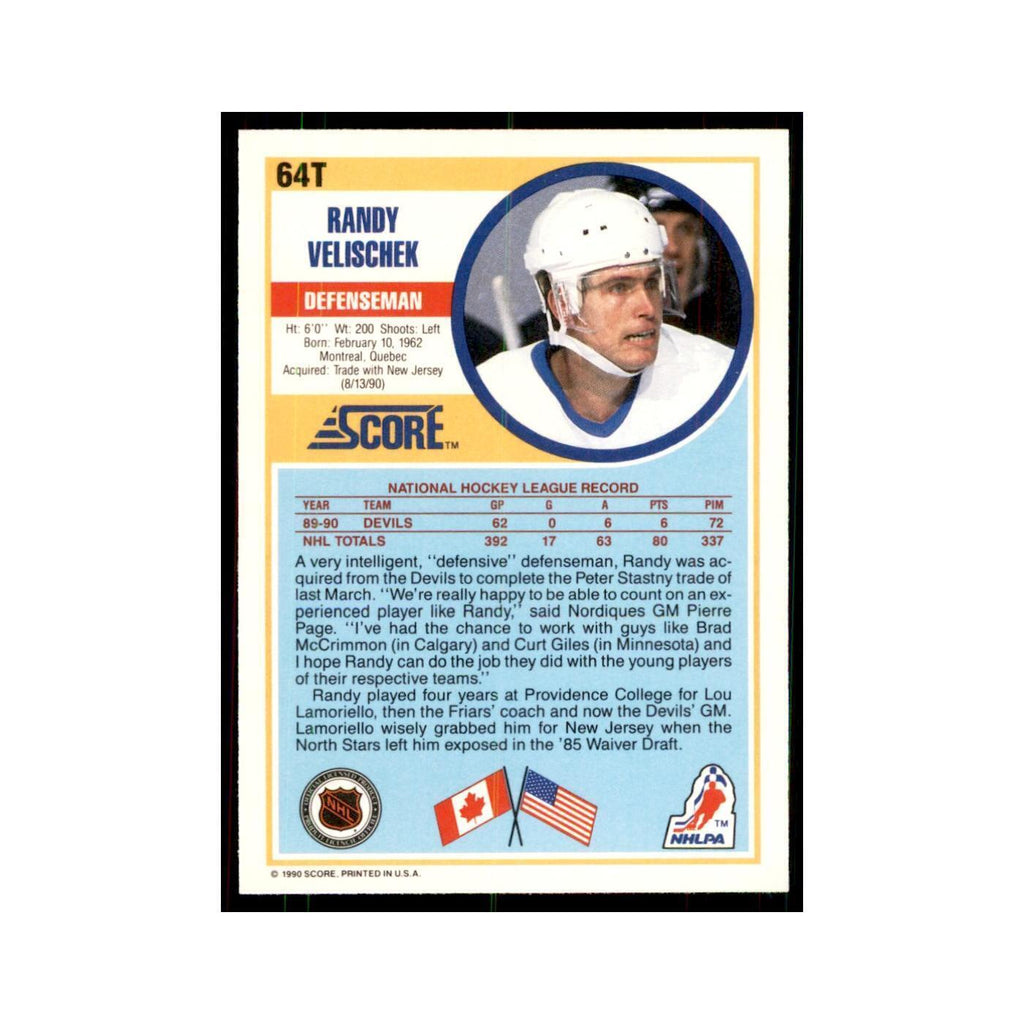 1990 Score Traded Randy Velischek Hockey Cards #64T