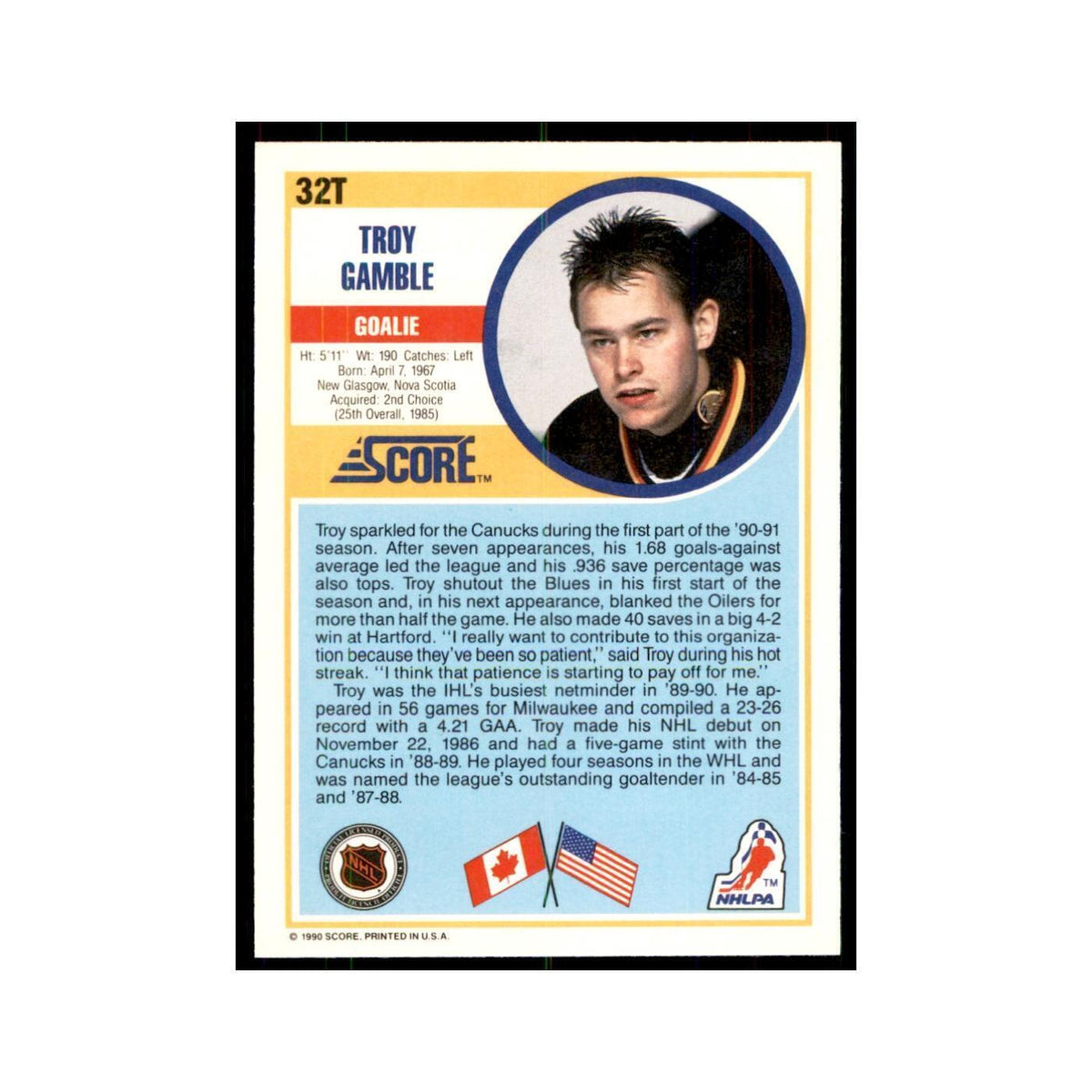 1990 Score Traded Troy Gamble Hockey Cards #32T