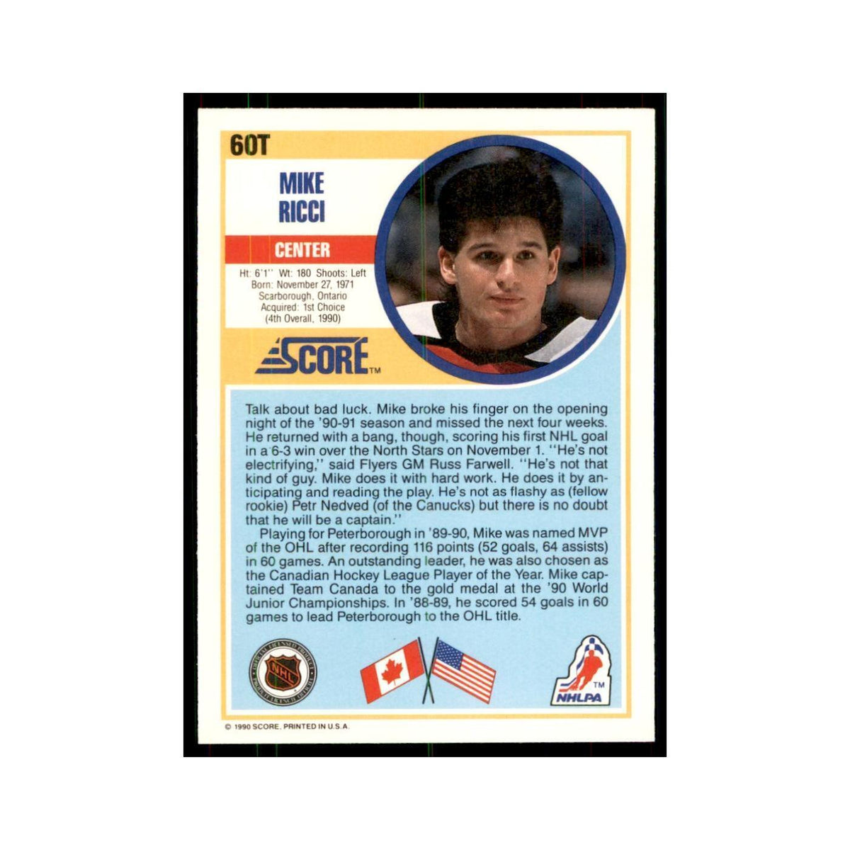 1990 Score Traded Mike Ricci Hockey Cards #60T