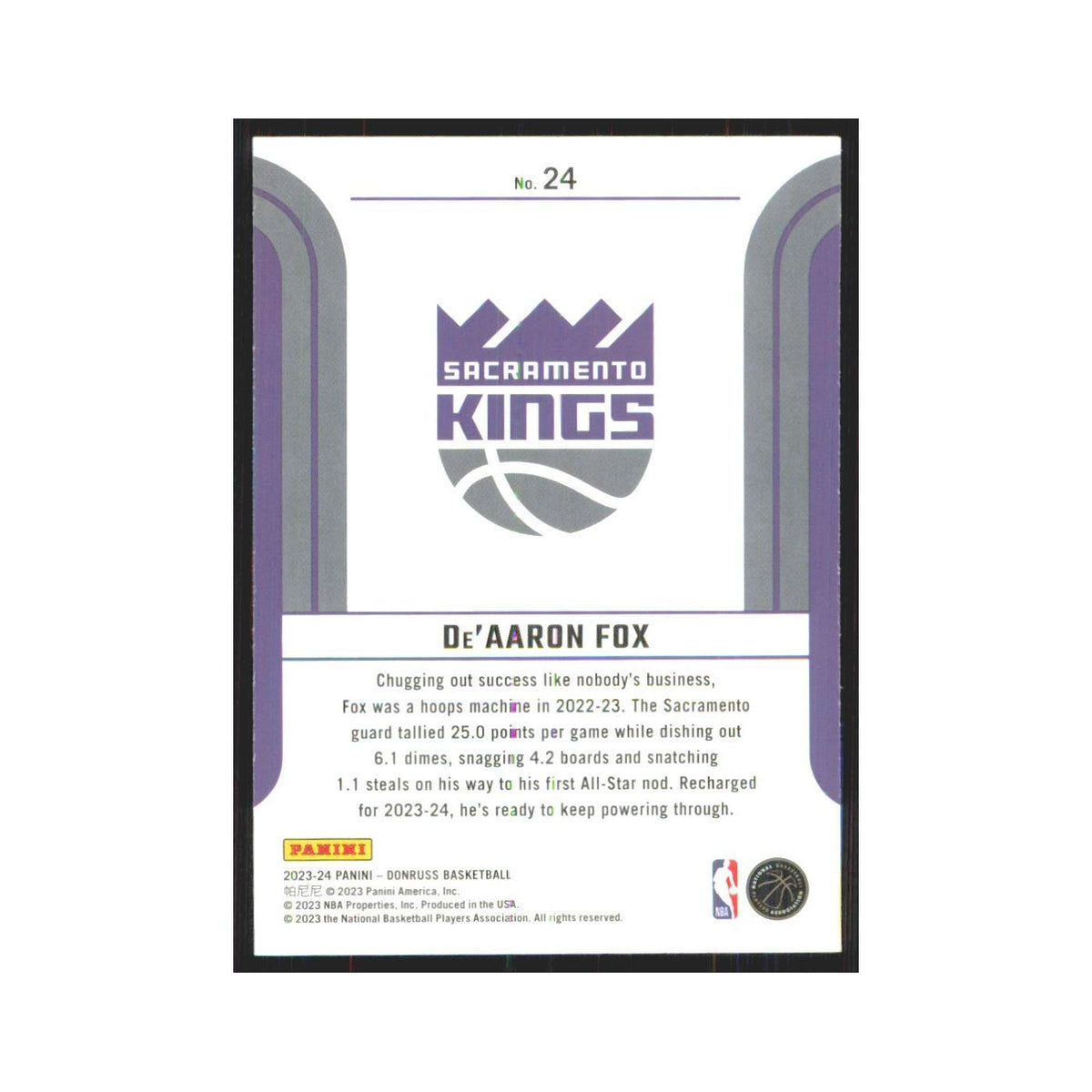 De'Aaron Fox 2023 Panini Donruss #24 Sacramento Kings Basketball Card NM