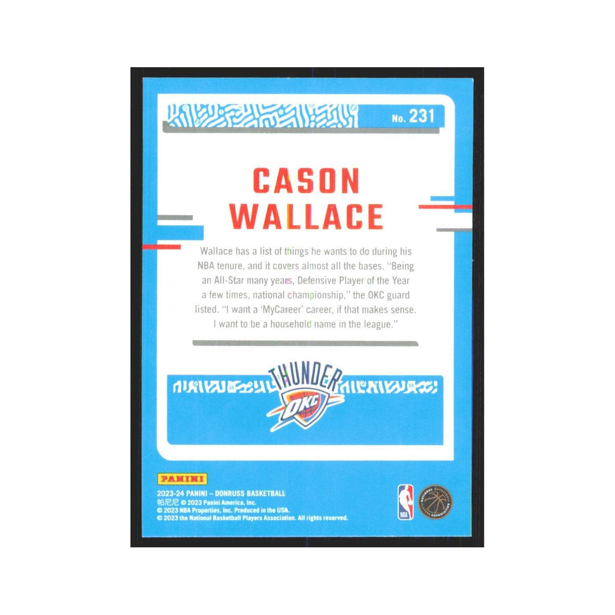 Cason Wallace Rookie 2023 Panini Donruss #231 Oklahoma City Thunder NM
