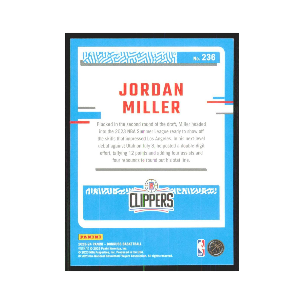 Jordan Miller Rookie 2023 Panini Donruss #236 Los Angeles Clippers NM