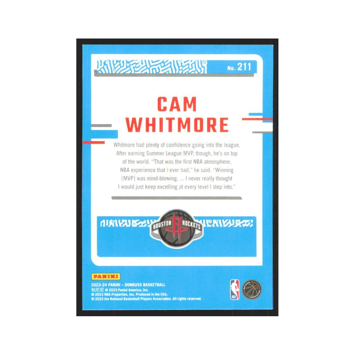 Cam Whitmore Rookie 2023 Panini Donruss #211 Houston Rockets Basketball Card NM