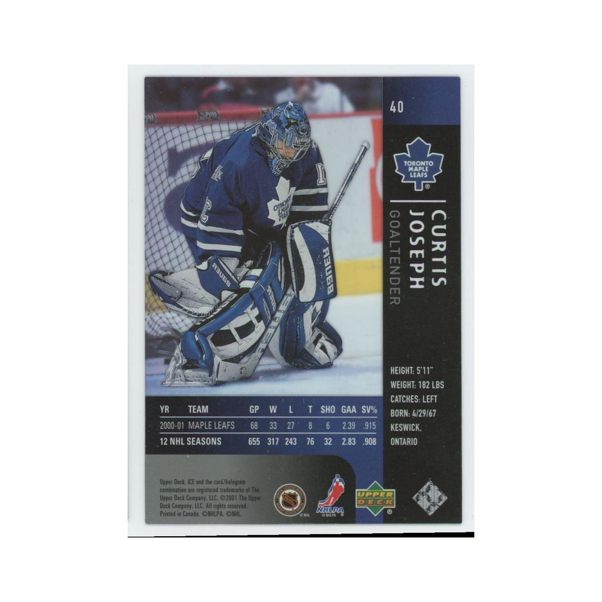 Curtis Joseph 2001 Upper Deck Ice #40 Toronto Maple Leafs Hockey Card NM