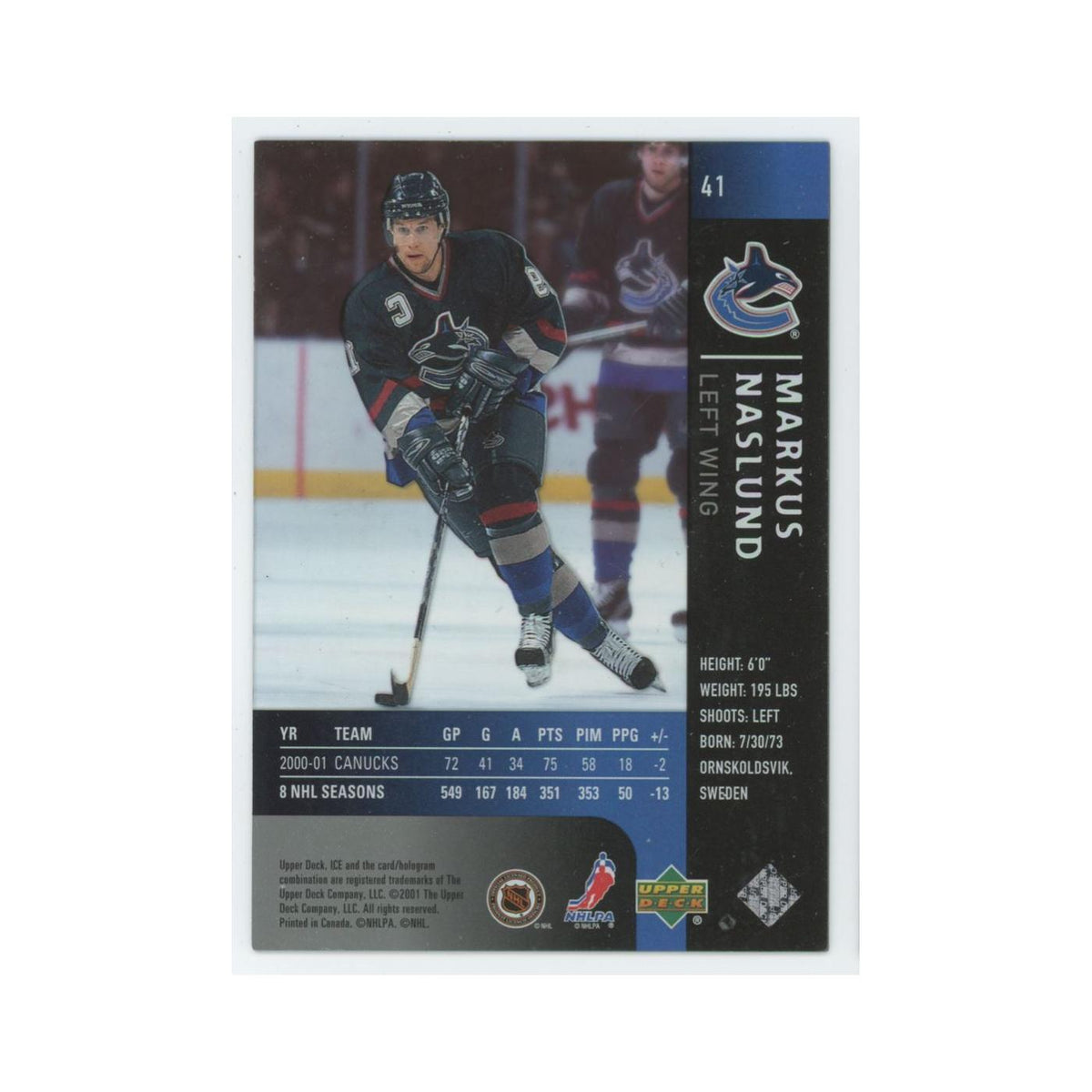 Markus Naslund 2001 Upper Deck Ice #41 Vancouver Canucks Hockey Card NM