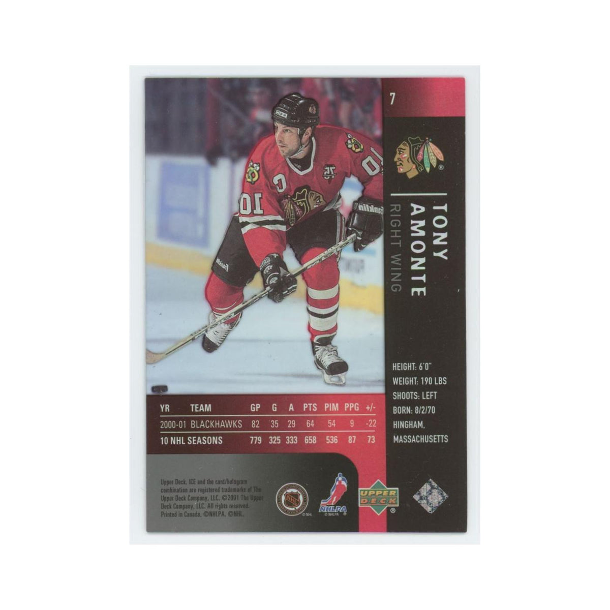 Tony Amonte 2001 Upper Deck Ice #7 Chicago Blackhawks Hockey Card NM