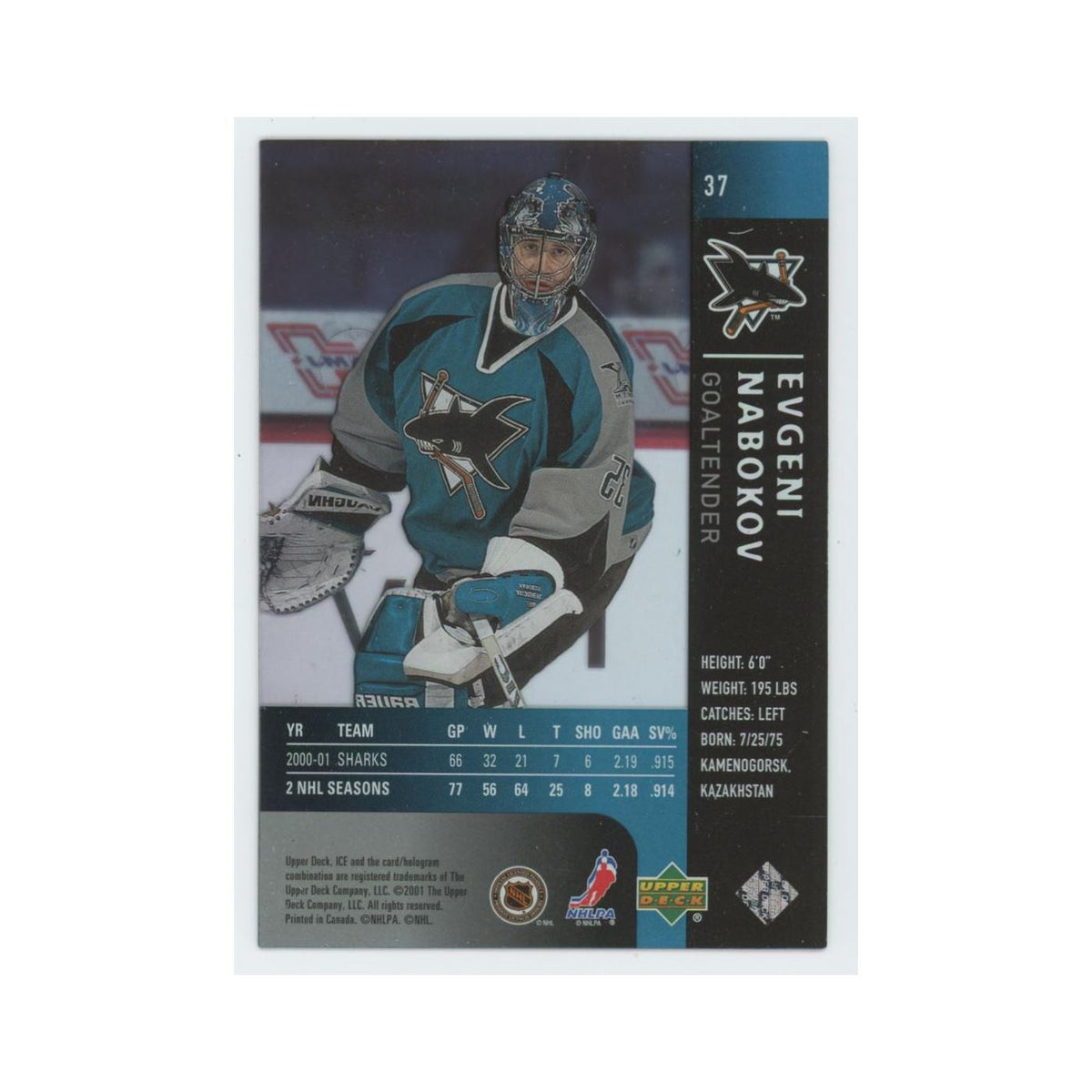 Evgeni Nabokov 2001 Upper Deck Ice #37 San Jose Sharks Hockey Card NM