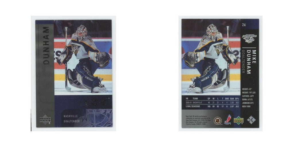 Mike Dunham 2001 Upper Deck Ice #26 Nashville Predators Hockey Card NM