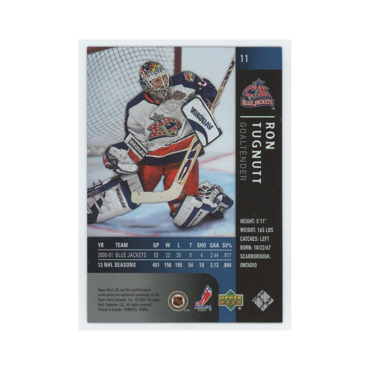 Ron Tugnutt 2001 Upper Deck Ice #11 Columbus Blue Jackets Hockey Card NM