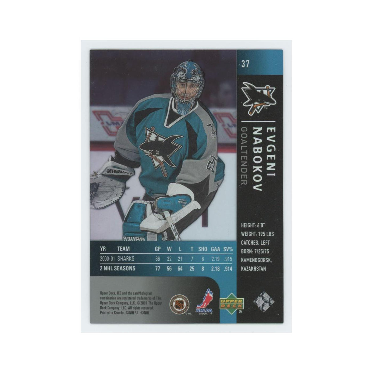 Evgeni Nabokov 2001 Upper Deck Ice #37 San Jose Sharks Hockey Card NM