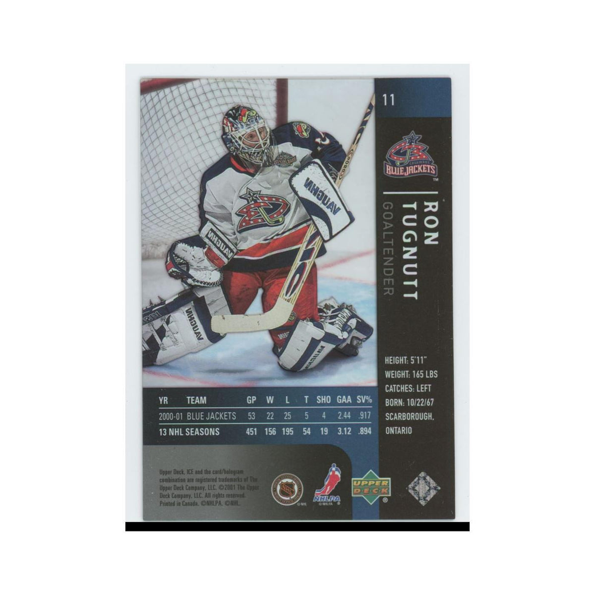 Ron Tugnutt 2001 Upper Deck Ice #11 Columbus Blue Jackets Hockey Card NM
