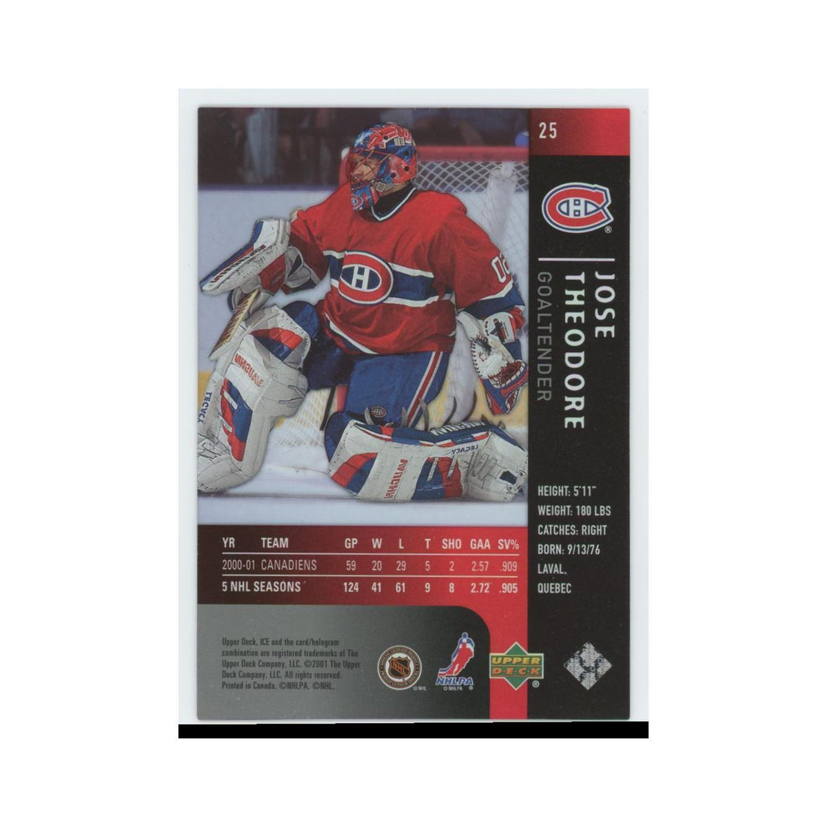 Jose Theodore 2001 Upper Deck Ice #25 Montreal Canadiens Hockey Card NM