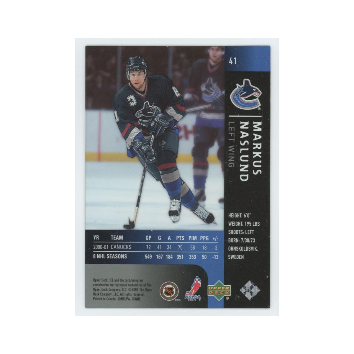 Markus Naslund 2001 Upper Deck Ice #41 Vancouver Canucks Hockey Card NM