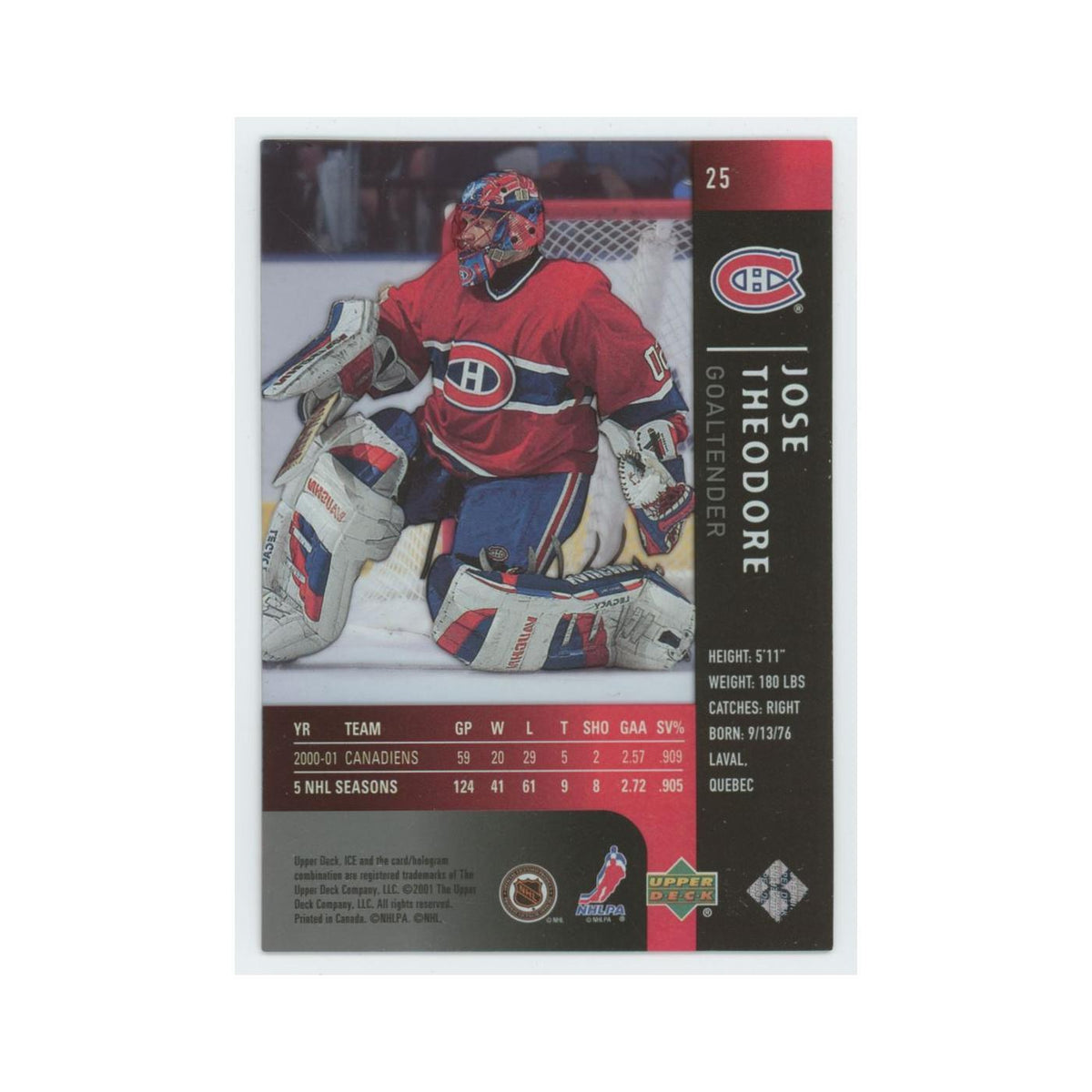 Jose Theodore 2001 Upper Deck Ice #25 Montreal Canadiens Hockey Card NM
