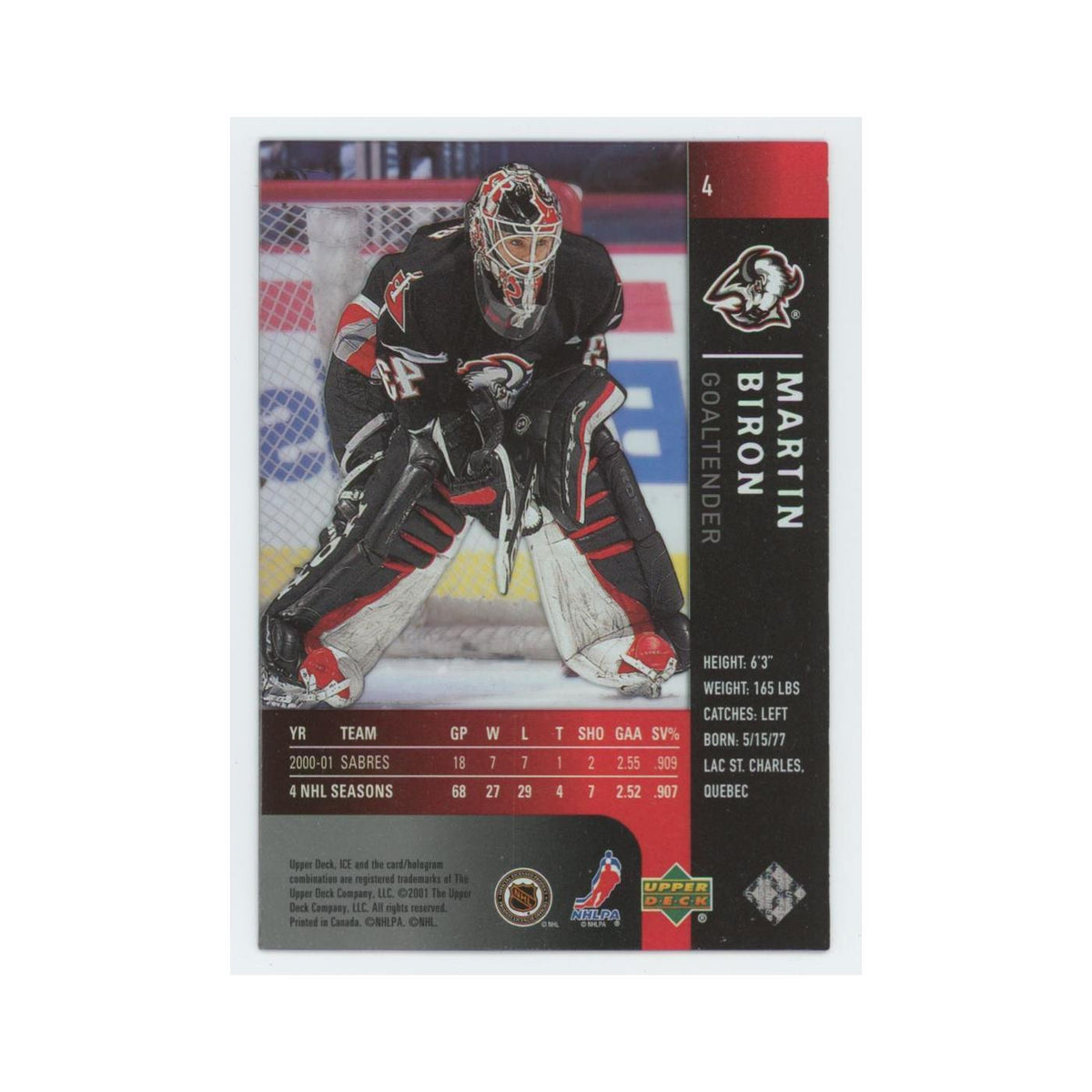 Martin Biron 2001 Upper Deck Ice #4 Buffalo Sabres Hockey Card NM