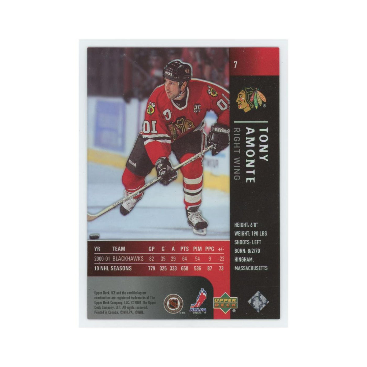 Tony Amonte 2001 Upper Deck Ice #7 Chicago Blackhawks Hockey Card NM