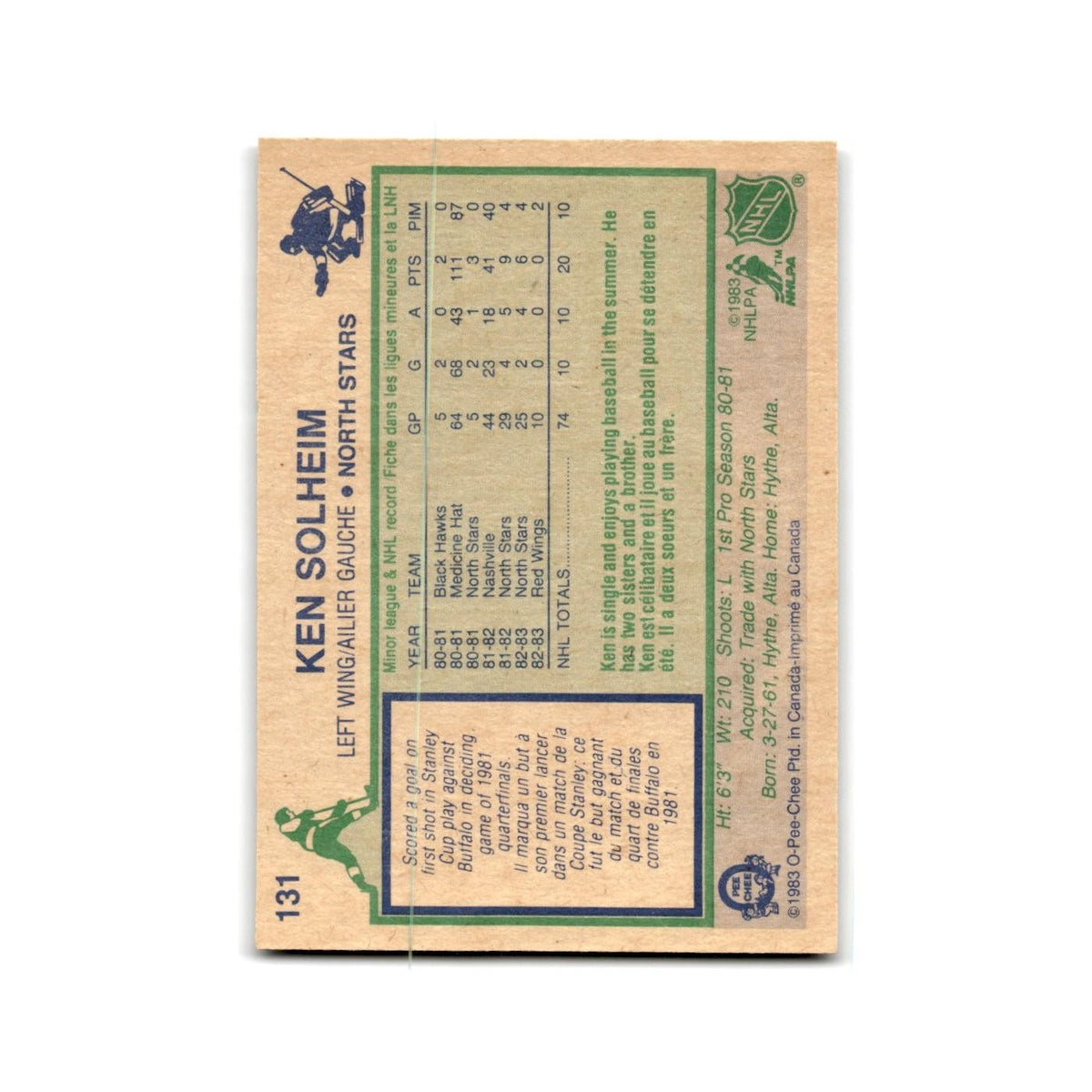1983 O-Pee-Chee Ken Solheim RC Minnesota North Stars #131