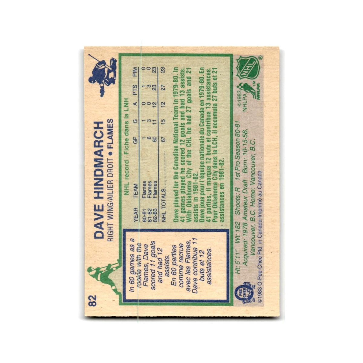 1983 O-Pee-Chee Dave Hindmarch RC Calgary Flames #82