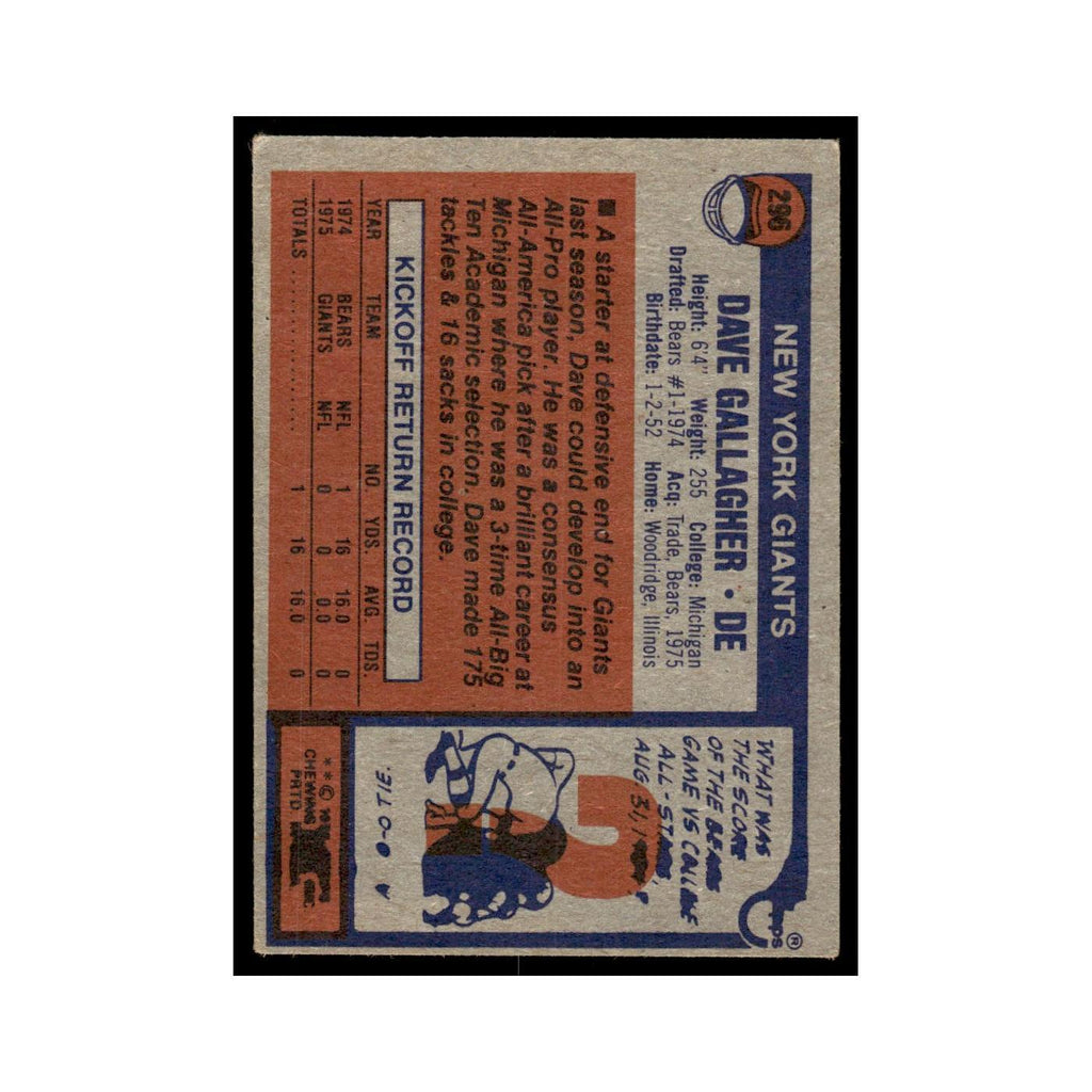 1976 Topps Football Card Dave Gallagher Giants #296