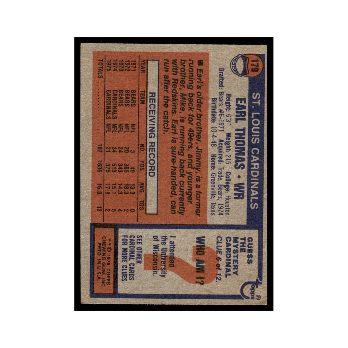1976 Topps Football Card Earl Thomas Cardinals #179