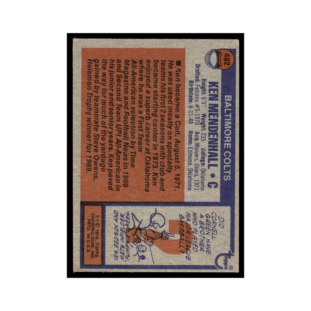 1976 Topps Football Card Ken Mendenhall Baltimore Colts #482