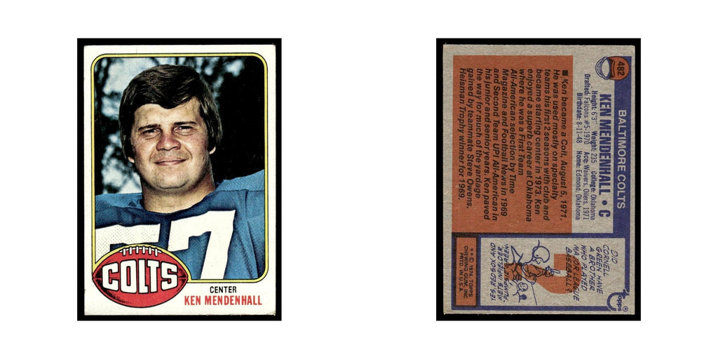 1976 Topps Football Card Ken Mendenhall Baltimore Colts #482
