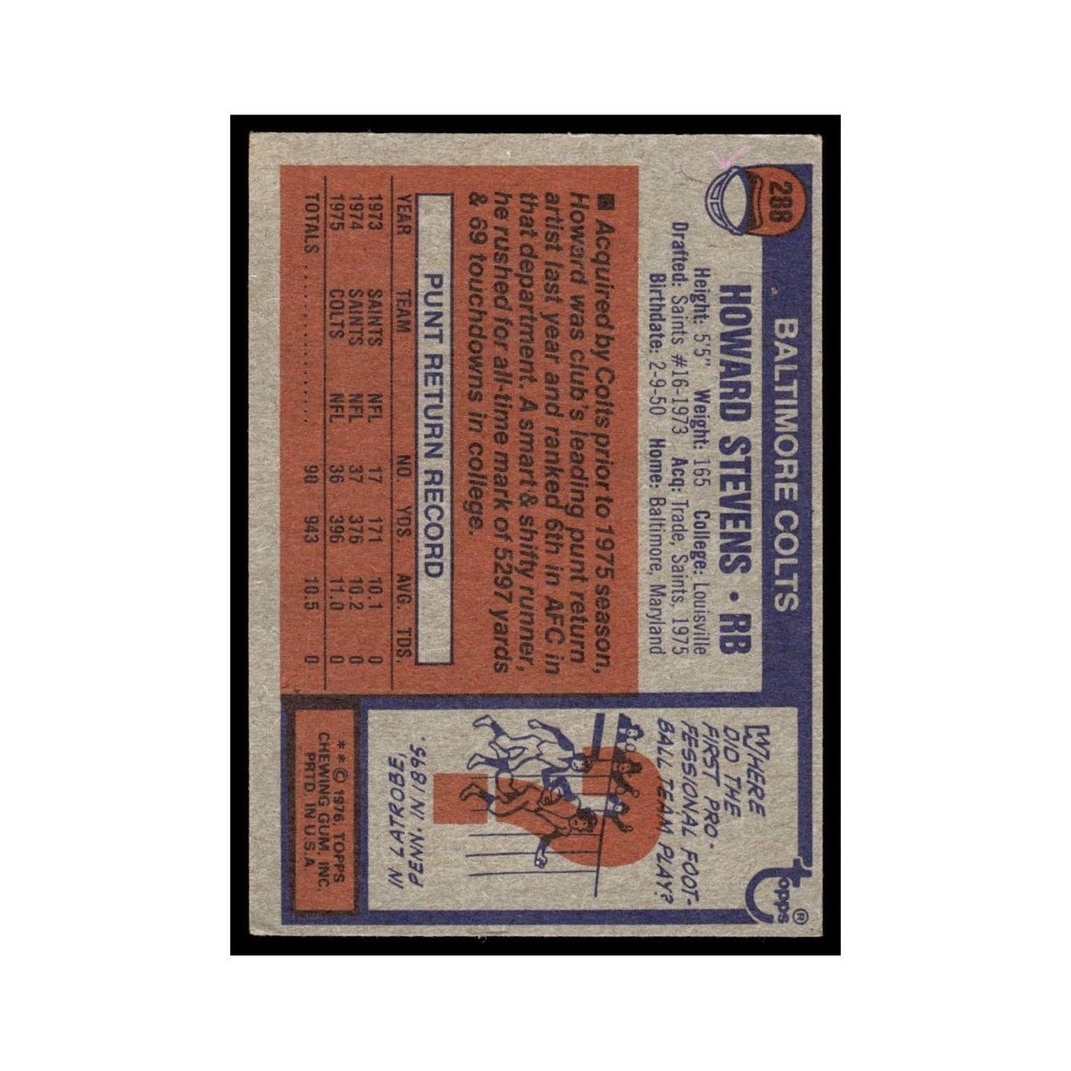 1976 Topps Football Card (Damaged) Howard Stevens Colts #288
