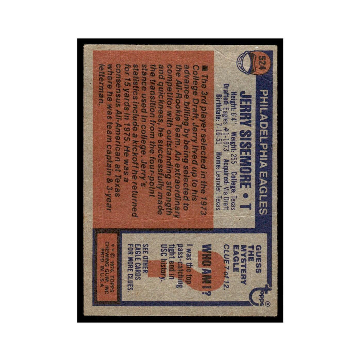 1976 Topps Football Card (Damaged) Jerry Sisemore Eagles #524