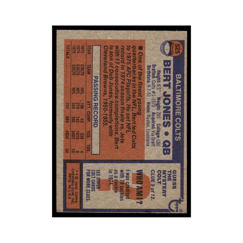 1976 Topps Football Card (Damaged) Bert Jones Baltimore Colts #525