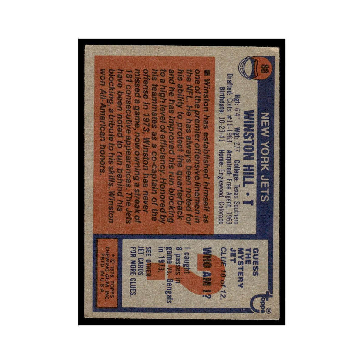 1976 Topps Football Card Winston Hill Jets #88