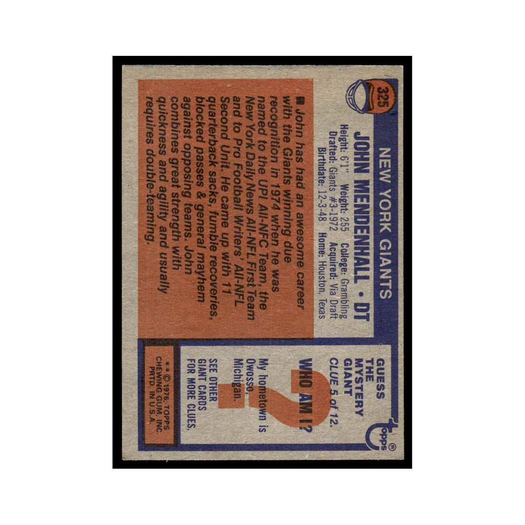 1976 Topps Football Card John Mendenhall Giants #325