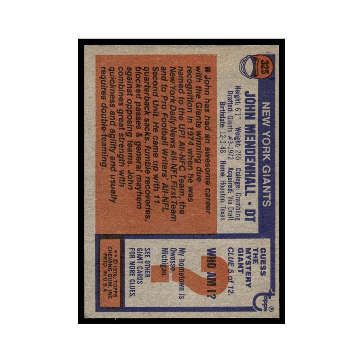 1976 Topps Football Card John Mendenhall Giants #325