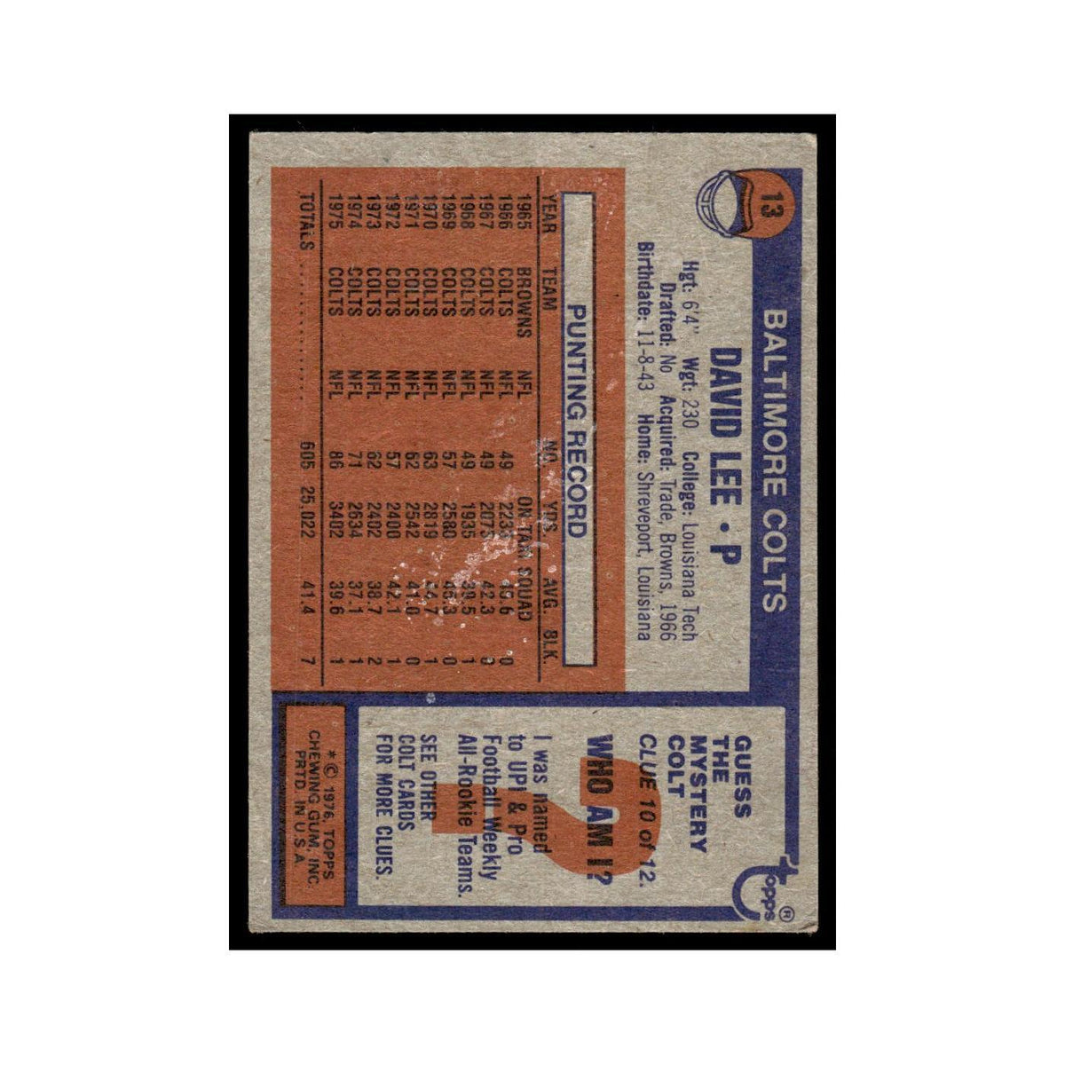 1976 Topps Football Card David Lee Baltimore Colts #13