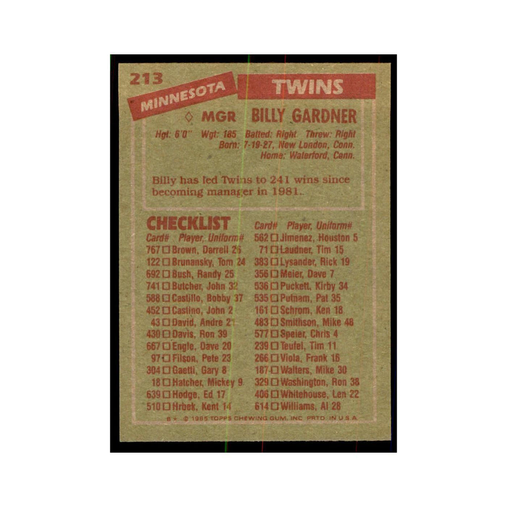 1985 Topps Billy Gardner Baseball Cards #213