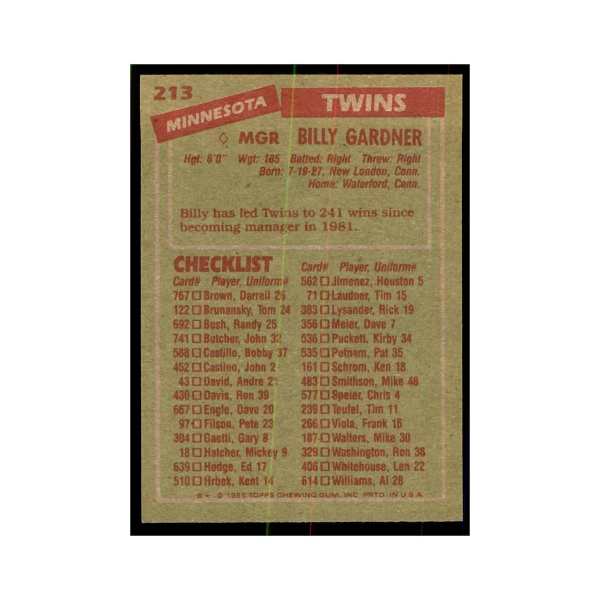1985 Topps Billy Gardner Baseball Cards #213