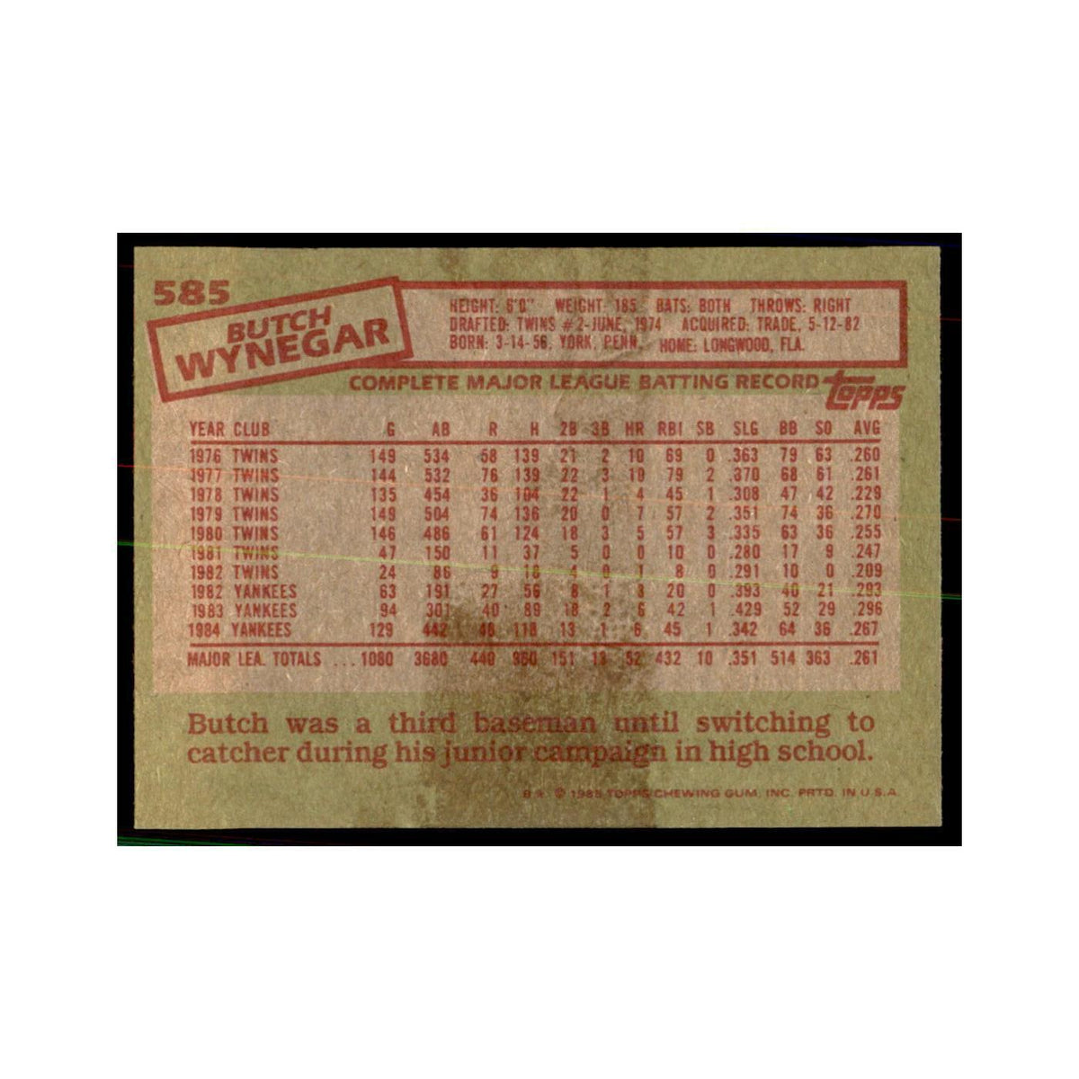 1985 Topps Butch Wynegar Baseball Cards #585