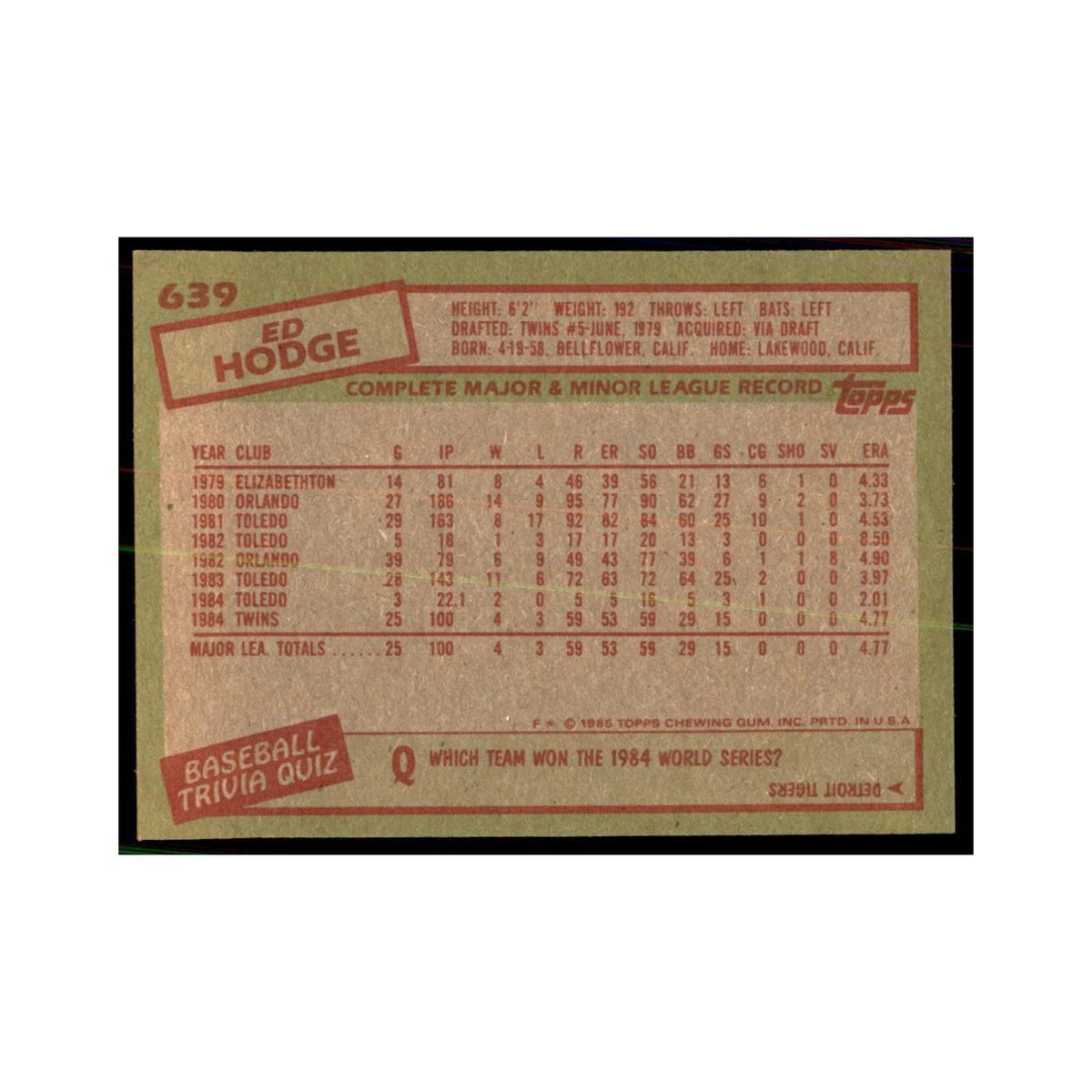 1985 Topps Ed Hodge Baseball Cards #639