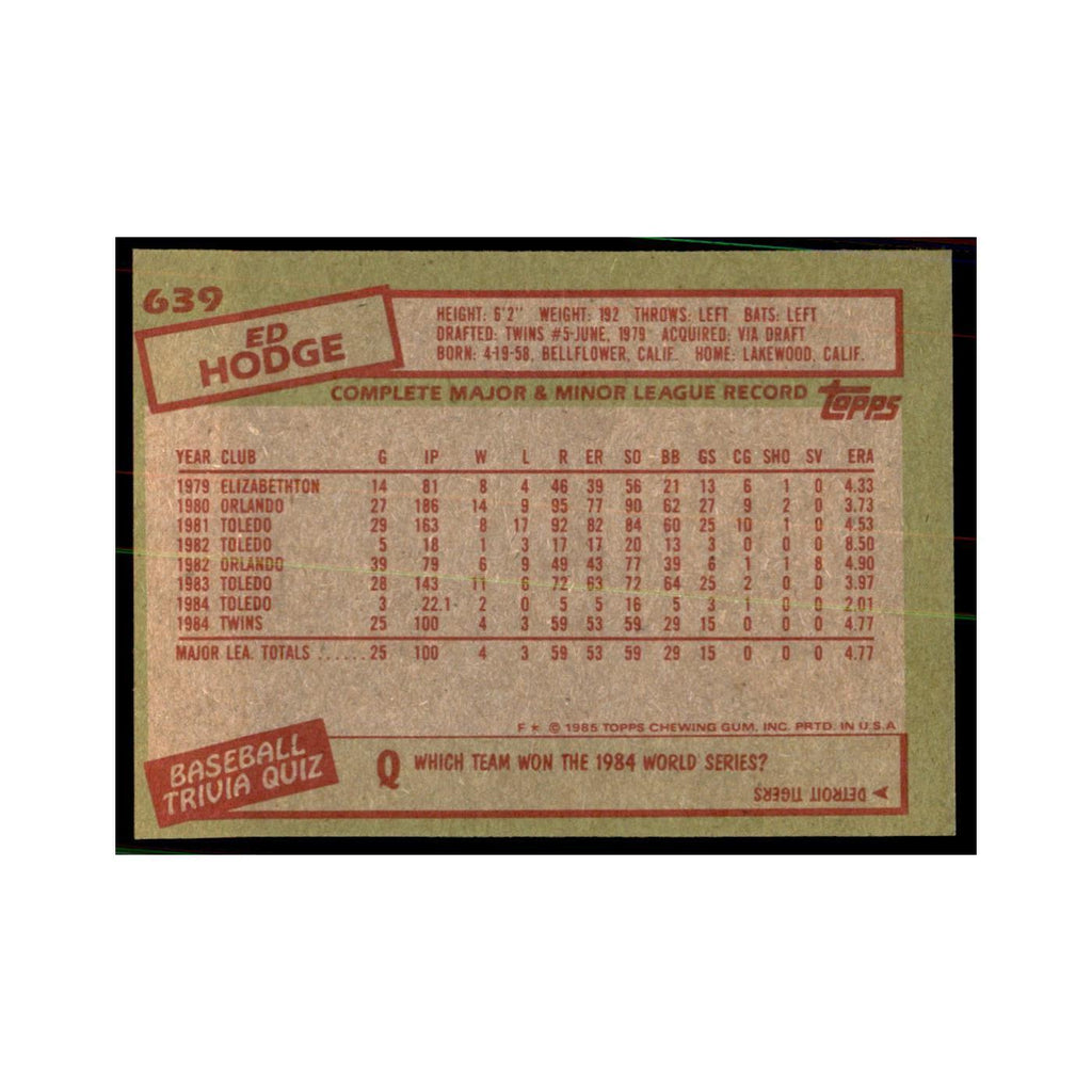 1985 Topps Ed Hodge Baseball Cards #639
