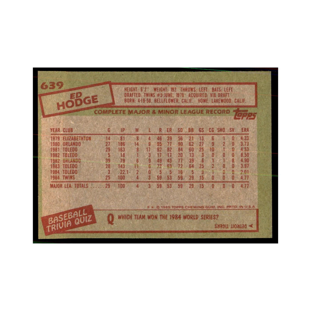 1985 Topps Ed Hodge Baseball Cards #639
