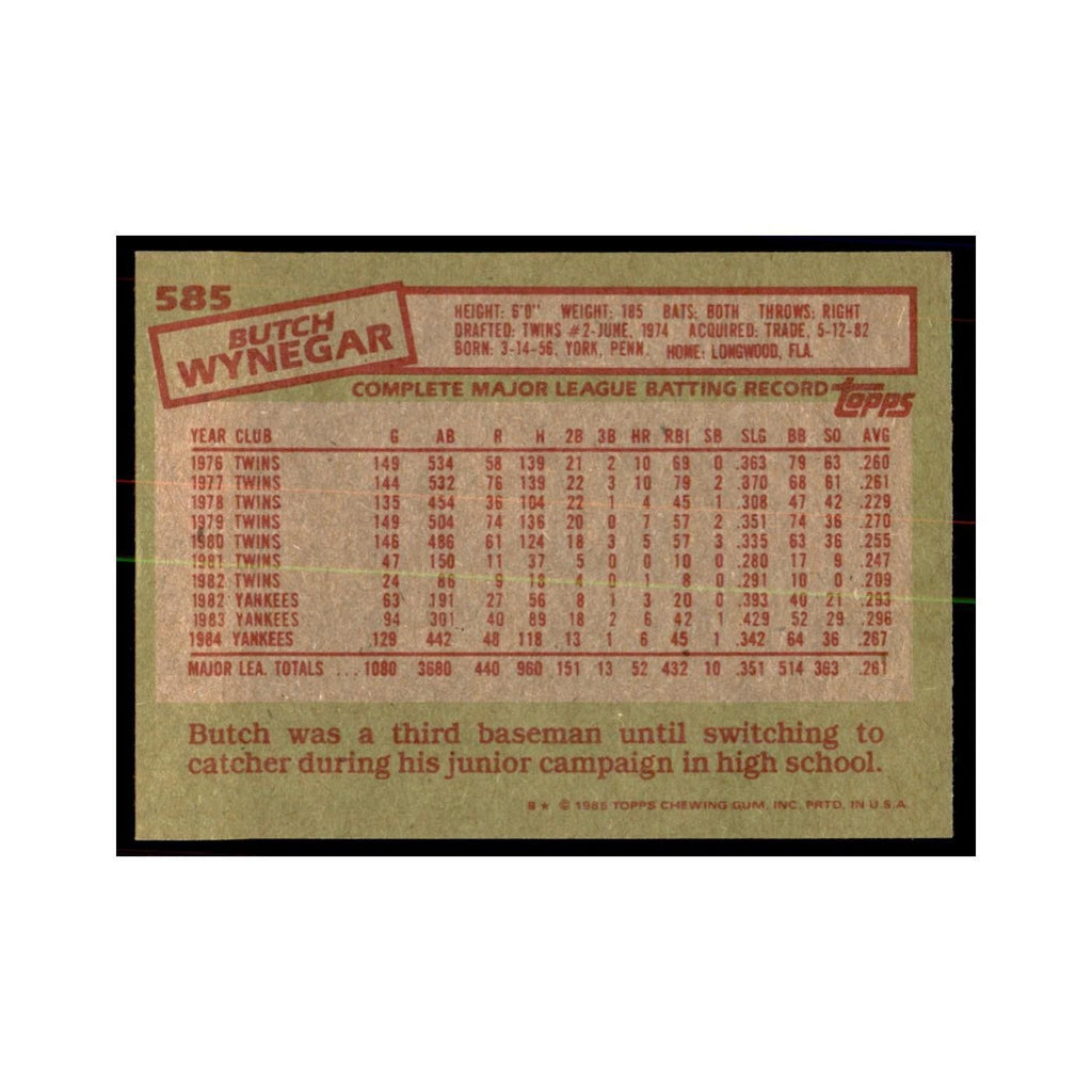 1985 Topps Butch Wynegar Baseball Cards #585