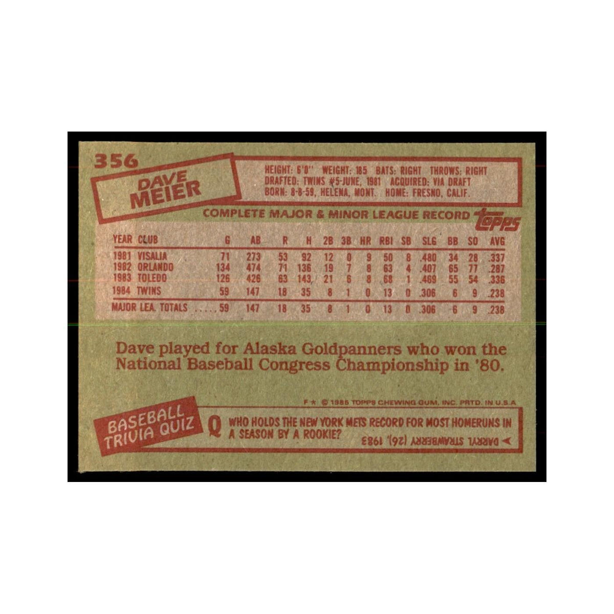 1985 Topps Dave Meier Baseball Cards #356
