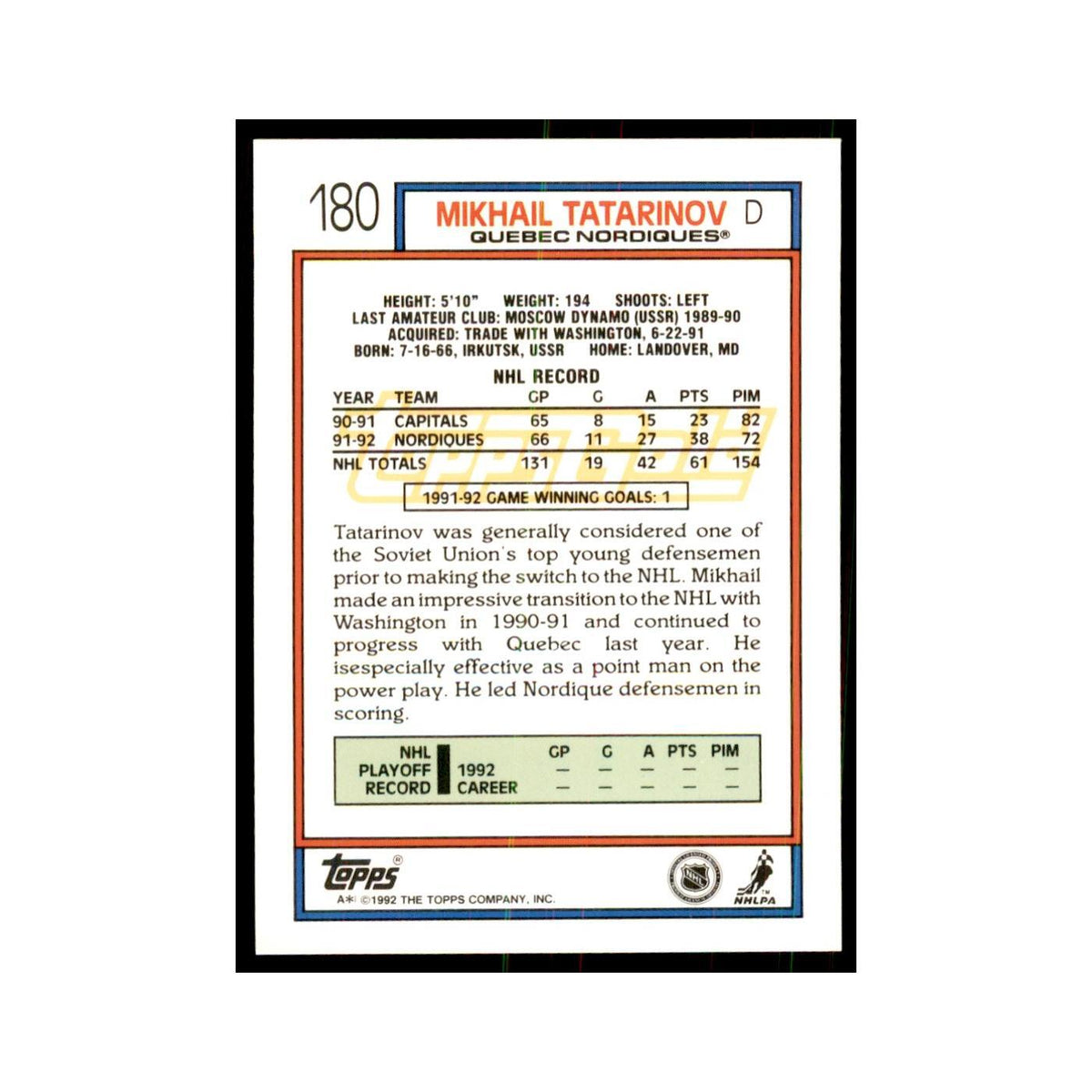 Mikhail Tatarinov 1992 Topps Gold #180 Hockey Cards Hockey Card NM