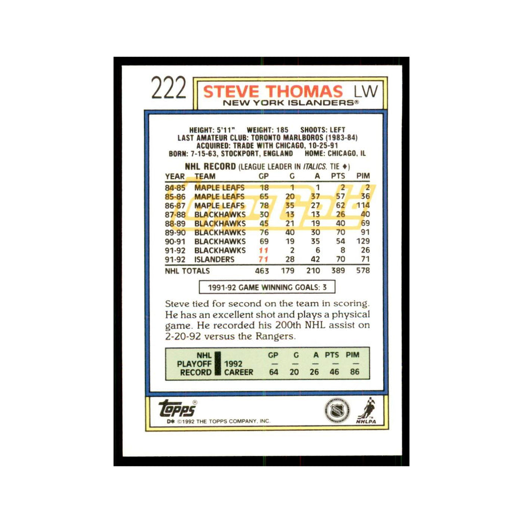 Steve Thomas 1992 Topps Gold #222 Hockey Cards Hockey Card NM