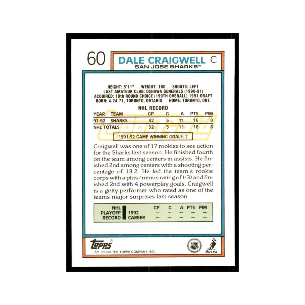 Dale Craigwell 1992 Topps Gold #60 Hockey Cards Hockey Card NM