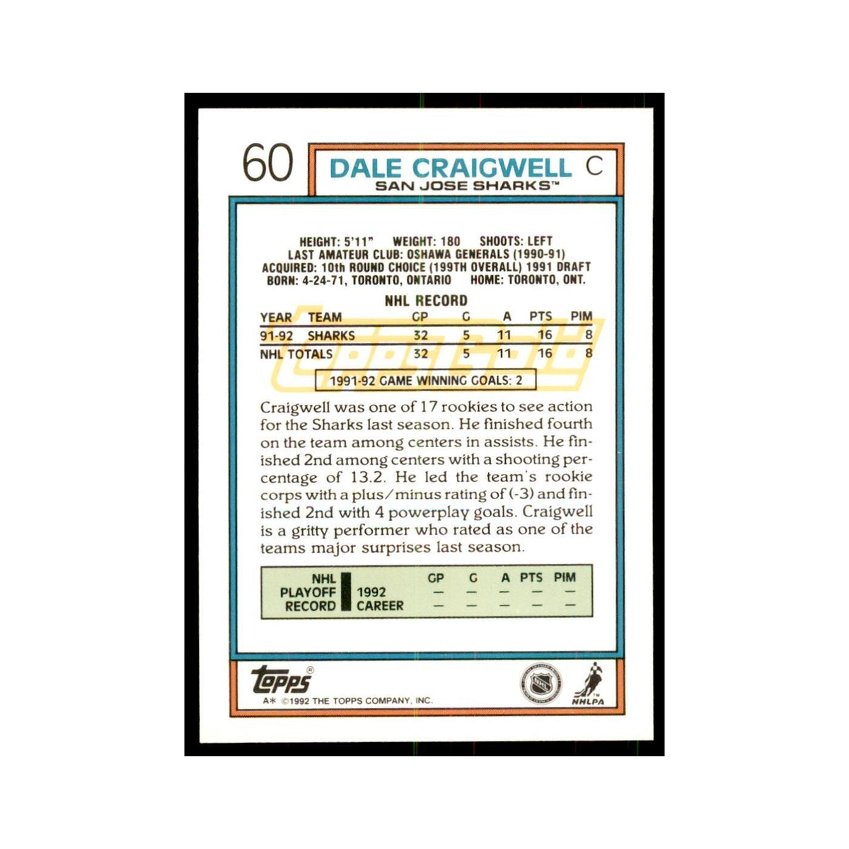Dale Craigwell 1992 Topps Gold #60 Hockey Cards Hockey Card NM