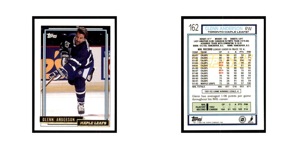 Glenn Anderson 1992 Topps Gold #162 Hockey Cards Hockey Card NM